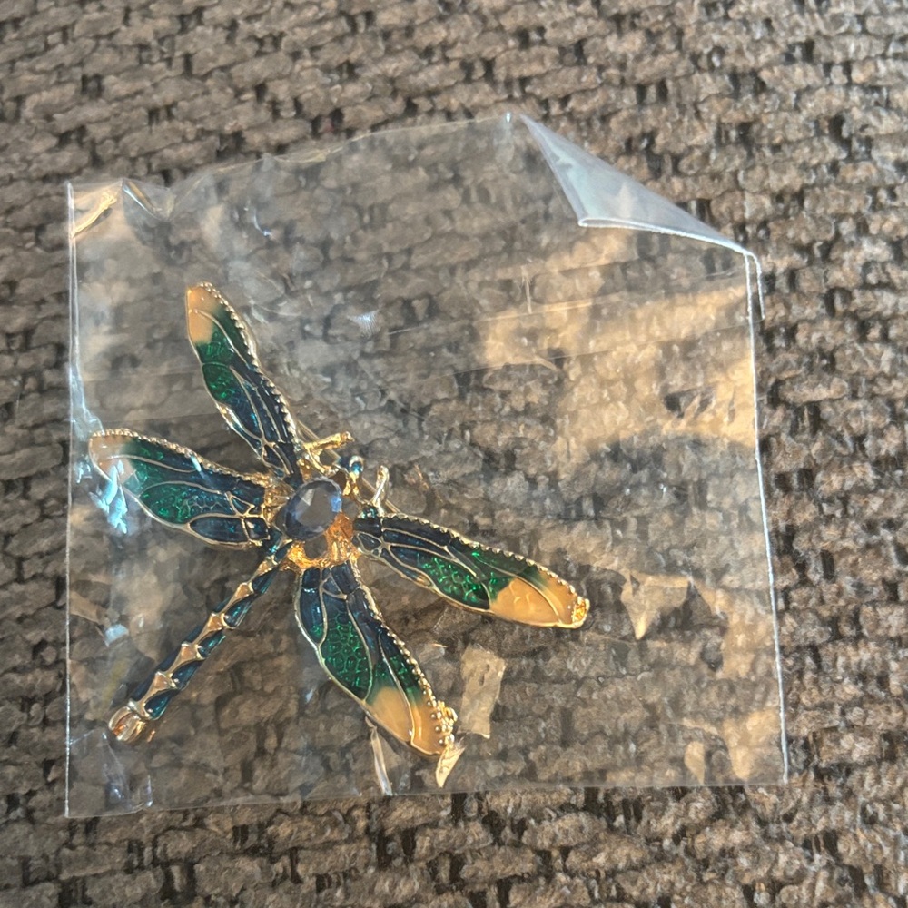 Gold Tone Green Enamel Dragonfly Brooch - Decorative Home Accent